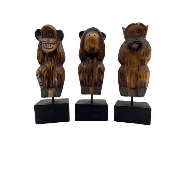 HD Wise Monkeys, 11” on Base Carved Wood Hear No Evil See No Evil Speak No Evil - Picture 9 of 12